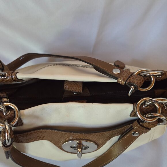 Coach Leather Purse | Cream & Brown Snake-Embossed Trim | Silver Hardware - Picture 4 of 13